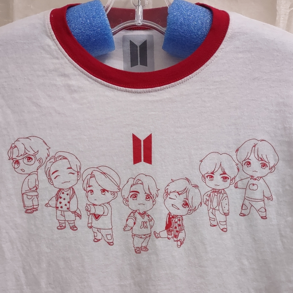 BTS Characters White Medium T Shirt Official Red Ringer K Pop Hot Topic Band Tee